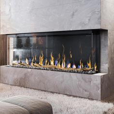 a modern fireplace in a living room with white furnishing on the floor and walls