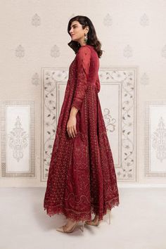 Royal Red Shade Chikankari Pakistani Party Dress in Long Frock Style adorned with sequins and meticulously embroidered organza patch appliqued on the neckline, this chiffon frock commands attention with every shimmering detail. Chiffon Frock, Frock Style, Pakistani Party Wear, Long Frock, Embroidered Organza, Long Frocks, Royal Red, Embellished Dress, Red Fabric