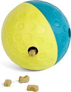 a yellow and blue dog toy with four small balls