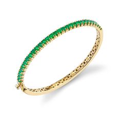 Fine Jewelry Bangle With Pave Setting, Yellow Gold Bangle Bracelet With Gemstone Accents, Yellow Gold Oval Bangle With Gemstone, Luxury Green Gemstone Bangle, Luxury Bangle Bracelets With Gemstone Accents, Luxury Gemstone Bangle Bracelets, Fine Jewelry Bangle With 17 Jewels, Classic Yellow Gold Bangle With Gemstone, Yellow Gold Bangle With Pave Setting