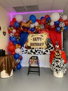 a birthday party with balloons and decorations in the shape of animals, soccer balls, and horses