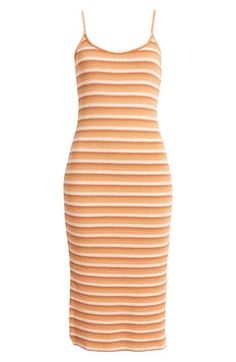 Retro stripes pattern this curve-skimming dress knit to an on-trend midi length and topped with adjustable straps for the perfect fit. 36" center front length (size Medium) Scoop neck Adjustable straps Unlined 100% polyester Machine wash, dry flat Imported Striped Fitted Cotton Midi Dress, Retro Striped Midi Dress, Striped Ribbed Fitted Midi Dress, Vacation Dresses With Vertical Stripes, Midi Length, Striped Ribbed Midi-length Dress, Retro Stripes, Striped Midi Dress, Rip Curl, Signature Design