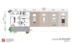 the floor plan for a car care center with three cars parked in front of it