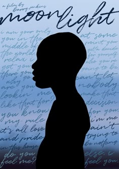 the silhouette of a man's head against a blue background with words written in cursive writing