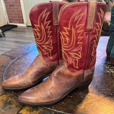 Used To Work At Boot Store, They Were Given To Me, They’ve Never Been Worn Outside Just Used As The Display Shoe. Classic Red Boots For Rodeo, Red Western Boots For Formal Occasions, Calf Leather Round Toe Rodeo Boots, Classic Red Snip Toe Boots, Red Fitted Calf Leather Boots, Fitted Red Calf Leather Boots, Classic Red Boots For Formal Occasions, Red Snip Toe Boots With Reinforced Heel, Burgundy Snip Toe Boots For Formal Occasions