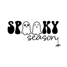 the word spooky season written in black and white with ghost faces on it