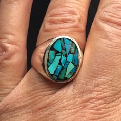 Please note that each ring is unique, one of a kind. The ring pictured is a sold example. Any ring purchased from this listing will have a similar look and feel and is returnable. Each ring is inlaid by hand using finest gem quality natural, undyed, untreated, blue to blue-green turquoise. This is very rare Nevada turquoise that is no longer mined or available that has been in my personal collection for almost 40 years. Each select piece of turquoise is carefully set in a hard and durable resin Southwestern Polished Turquoise Ring, Southwestern Style Polished Turquoise Ring, Blue Oval Rings With Inlay, Unique Turquoise Jewelry With Polished Finish, Unique Turquoise Multi-stone Opal Ring, Unique Turquoise Opal Ring With Multi-stone Design, Artisan Multi-stone Turquoise Ring, Elegant Turquoise Inlay Rings, Oval Turquoise Multi-stone Jewelry