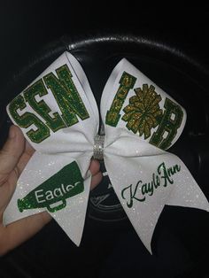 Green and gold senior 2025 night cheer bow. Basketball Cheer Bows, Cheer Spirit Sticks, Volleyball Bows, Spirit Sticks, Basketball Cheers, Cheer Spirit, Parent Night, Basketball Season, Cheer Bow