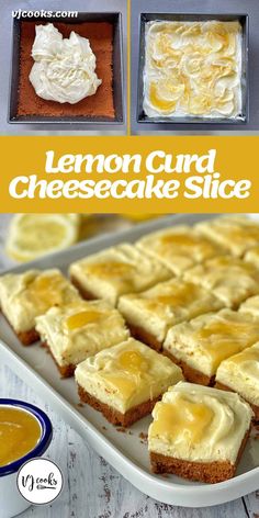 lemon curd cheesecake slice is cut into squares