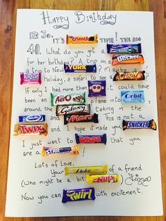 a handwritten birthday card with candy bars on it