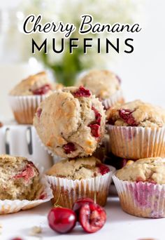 cherry banana muffins stacked on top of each other