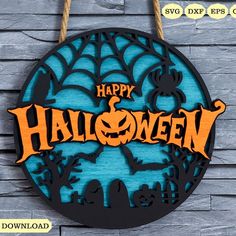 a happy halloween sign hanging on the side of a wooden wall with bats and spider webs