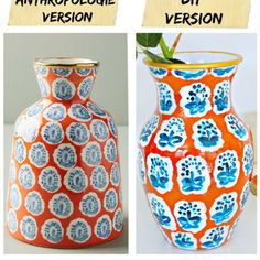 two vases with different designs on them, one is orange and the other is blue