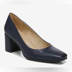 A Classic Pump With A Square Toe And Block Heels To Add A Modern Style To A Traditional Pump. These Shoes Have A 2 1/2” Block Heel. These Shoes Are Faux Leather With A Contour Plus Tech Footbed. Only Sign Of Wear Is A Slight Indent In Heel As Shown In Picture But Is Not Noticeable When Worn. Classic Blue Heels With 4-inch Heel, Classic Blue Heels Medium Width, Classic Blue Medium Width Heels, Classic Blue Heels For Work, Classic Blue Low Heel Heels, Classic Blue Round Toe Heels, Blue Square Toe Heels For Formal Occasions, Classic Blue Heels For The Office, Blue Leather Heels For Work