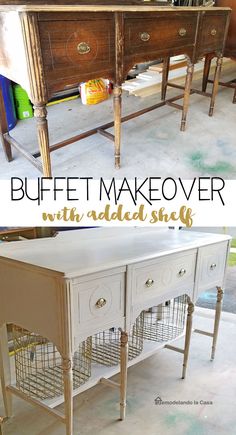 the before and after of an old buffet table makeover