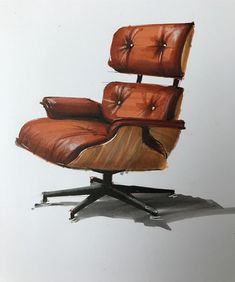 a drawing of an office chair with brown leather upholstered on the back and arms