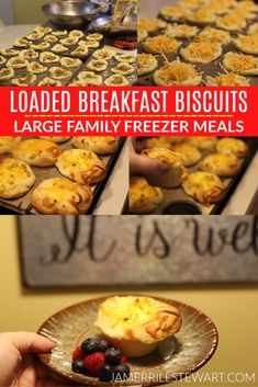 a collage of images showing different types of breakfast biscuits and small pies, with text overlay reading loaded breakfast biscuits large family freezer meals