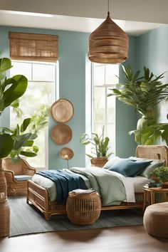 a bedroom with blue walls, wicker furniture and potted plants on the windowsill