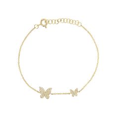 Diamond Small/Large Butterfly Bracelet  14K Yellow Gold 0.18 Diamond Carat Weight Small Butterfly: 0.2 Length X 0.2 Width Large Butterfly: 0.3 Length X 0.4 Width Chain: 7 Long Dainty 14k Yellow Gold Tennis Bracelet, Yellow Gold Diamond Bracelets With Adjustable Chain, Dainty Flexible Formal Bracelets, Dainty Flexible Bracelet For Formal Occasions, Flexible Yellow Gold Bracelet - Fine Jewelry, Flexible Yellow Gold Bracelets Fine Jewelry, Dainty Flexible Bracelets For Formal Occasions, Hallmarked Yellow Gold Diamond Tennis Bracelet, Dainty Yellow Gold Flexible Bracelet