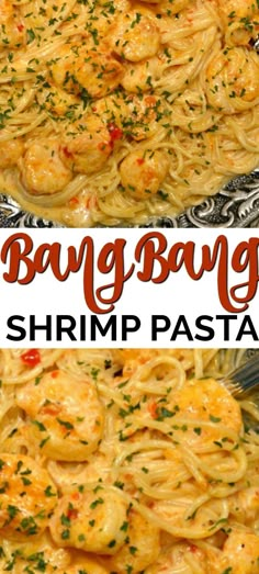 two pictures of shrimp pasta with sauce and parsley