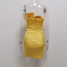 Fabric:PolyesterSize:S,M,L,XLColor:YellowNeckline:StraplessSleeves:SleevelessPattern Type:Strapless,Stretch,Backless,RuchedDress Length:Mini DressStyle:Party,SexyOccasion:Party,ClubSeason:SummerPackage Contents: 1* Dress, without Accessories Ruched Dress, Bodycon Dress, Yellow, Fabric