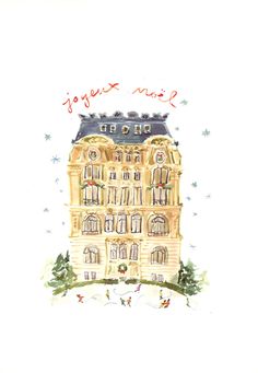 a drawing of a building with christmas decorations on top