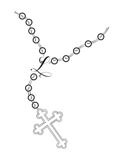 a black and white drawing of a rosary with a cross on the side, as if it were drawn by hand