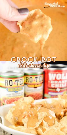 crock pot dip with cheese dip in the middle and an image of crackers dipping into it