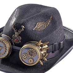 Steampunk Cowboy Hat Well-know in the community, the Steampunk Cowboy Hat is perfect to add some style to your steampunk outfit. Its particular design makes the difference and brings a lovely cowboy touch. Vintage Steampunk Style: unique details, classy and stylish, a great accessory for your Steampunk or Victorian costume Use it for occasions: Halloween, Steampunk or Pirate events Best gift: fantastic Steampunk item, make a surprise and offer it to your loved one Size: 30 x 20 x 10 cm Hat circu Steampunk Cowboy, Hat With Goggles, Steampunk Hats, Steampunk Items, Cowboy Design, Steampunk Hat, Victorian Costume, Little Cowboy, Halloween Hats