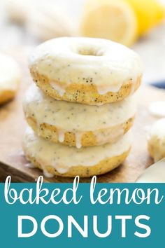 baked lemon donuts with white icing on a cutting board