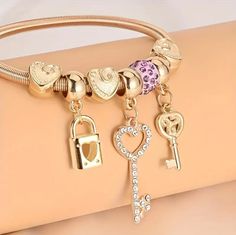 Fashionable Bracelet, Key Lock And Heart-Shaped Faux Diamond Pendant Brand New! Smoke Free/Pets Free Home Bracelets Purple, Gold Stretch Bracelet, Spring Bracelet, Gemstone Pendants, Crystal Fashion, Swarovski Crystal Bracelet, Enamel Bangle, Women's Bracelets, Crystal Beads Bracelet