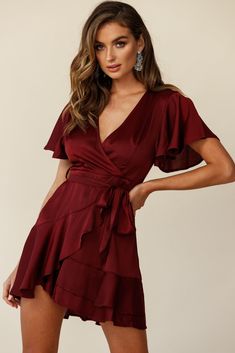 Cami Angel Sleeve Faux Wrap Dress Wine by Selfie Leslie Selfie Leslie, Ice Dresses, Angel Sleeve, Faux Wrap Dress, Cami Dress, Wrap Skirt, Fit & Flare, Red Dress, Chic Style