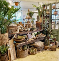 a room filled with lots of potted plants and other things in baskets on the floor