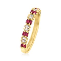 Ross-Simons - .30ct t. w. Ruby, .10ct t. w. Diamond Ring in 14kt Yellow Gold. Size 6. RS Pure. Modern designs that complete your outfit and complement your personality. Treat yourself to this sparkling ring. Alternating sections of .30 ct. t. w. ruby baguettes and .10 ct. t. w. diamond baguettes shine in 14kt yellow gold. At 1/8" wide, it's great as a minimalist solo statement or perfect for stacking. Diamond and ruby ring. Ruby birthstones are the perfect gift for July birthdays. Diamond And Ruby Ring, Diamond Anklet, Italian Gold Jewelry, Mixed Metal Bracelets, Pearl Bracelet Gold, Mixed Metal Rings, Ruby And Diamond Ring, Pearl Strands Necklace, Pearl Anklet