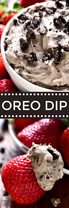 a bowl of oreo dip with strawberries on the side