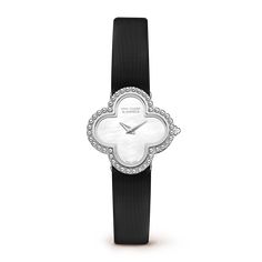 Alhambra Watch, Stone Case, Alhambra Pendant, Silver Watches, Van Cleef And Arpels Jewelry, Van Cleef & Arpels, Fancy Watches, Flower Watch, Golden Beads