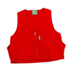 a red vest with zippers on the front and side, sitting against a white background