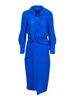 A vivid shade of blue draws the eye in this midi dress by Pfeiffer. Tortoiseshell buttons and ruched detailing bring even more interest. Add a nude sandal and shoulder bag for a visit to the winery or brunch with friends. Size XS 53% Rayon, 47% Viscose Unlined Asymmetric buttons Ruched detailing at button up Midi length Bust 38" Waist 26" Shoulder to hem 49" Sleeve length 22" Blue Midi Dress With Button Closure, Blue Ruched Midi Dress For Daywear, Blue Long Sleeve Midi Dress With Button Cuffs, Blue Ruched Midi Dress For Workwear, Blue Ruched Midi Dress For Work, Blue Midi Dress With Button Cuffs For Work, Blue Midi Dress With Button Closure For Work, Blue Dresses With Button Cuffs For Fall, Blue Fall Dresses With Button Cuffs