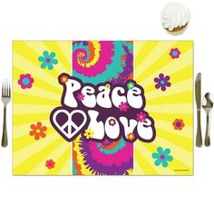 peace love placemat with fork, knife and cupcake