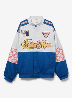 Harness the power of Pretty Guardian Sailor Moon with this racing jacket! Features "Sailor Moon" lettering on the front  icon decorations on the sleeves  and more details inspired by the classic anime.A BoxLunch Exclusive!Outer shell: 100% cotton twillLining: 100% polyesterListed in unisex sizesWash cold with like colors; dry lowImported Sailor Moon Watches, Sailor Mercury Shoes, Tuxedo Mask Naked, Sailer Moon And Tuxedo Mask, Tuxedo Mask Body Pillow, Sailor Moon Mask Tuxedo, Sailor Moon Rose Tuxedo Mask, Moon Jacket, Classic Anime