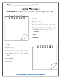 the worksheet for taking messages is shown in black and white, with an image of