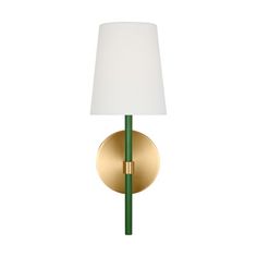 a green and gold wall light with a white shade on the top of it's arm