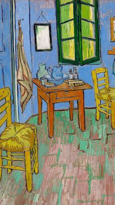 a painting of a table and two chairs in a room with blue walls, green shutters