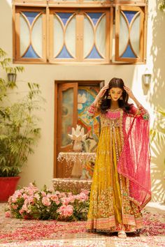 Yellow And Pink Pakistani Dress, Anarkali Style Kundan And Dabka Set, Anarkali Choli With Dabka Detail In Chinon, Anarkali Choli With Dabka On Chinon, Yellow Raw Silk Dress For Wedding, Anarkali Choli In Raw Silk With Dabka Detailing, Anarkali Jamawar Gown With Dupatta, Yellow Chanderi Lehenga With Dabka Detailing, Yellow Floor-length Dabka Sharara