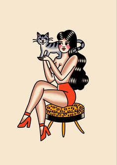 a woman sitting on a stool holding a cat in her lap and wearing high heels