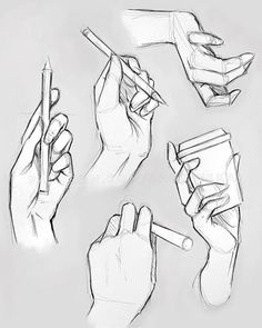 sketches of hands holding different types of pens and pencils, with one pointing at the other