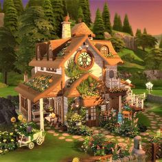 an animated house with lots of flowers and plants on the front porch, surrounded by greenery