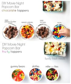 the different types of chocolate popcorn in bowls