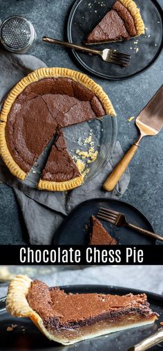 chocolate chess pie is cut into slices and ready to be eaten