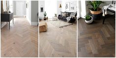 three different views of a living room with wood floors